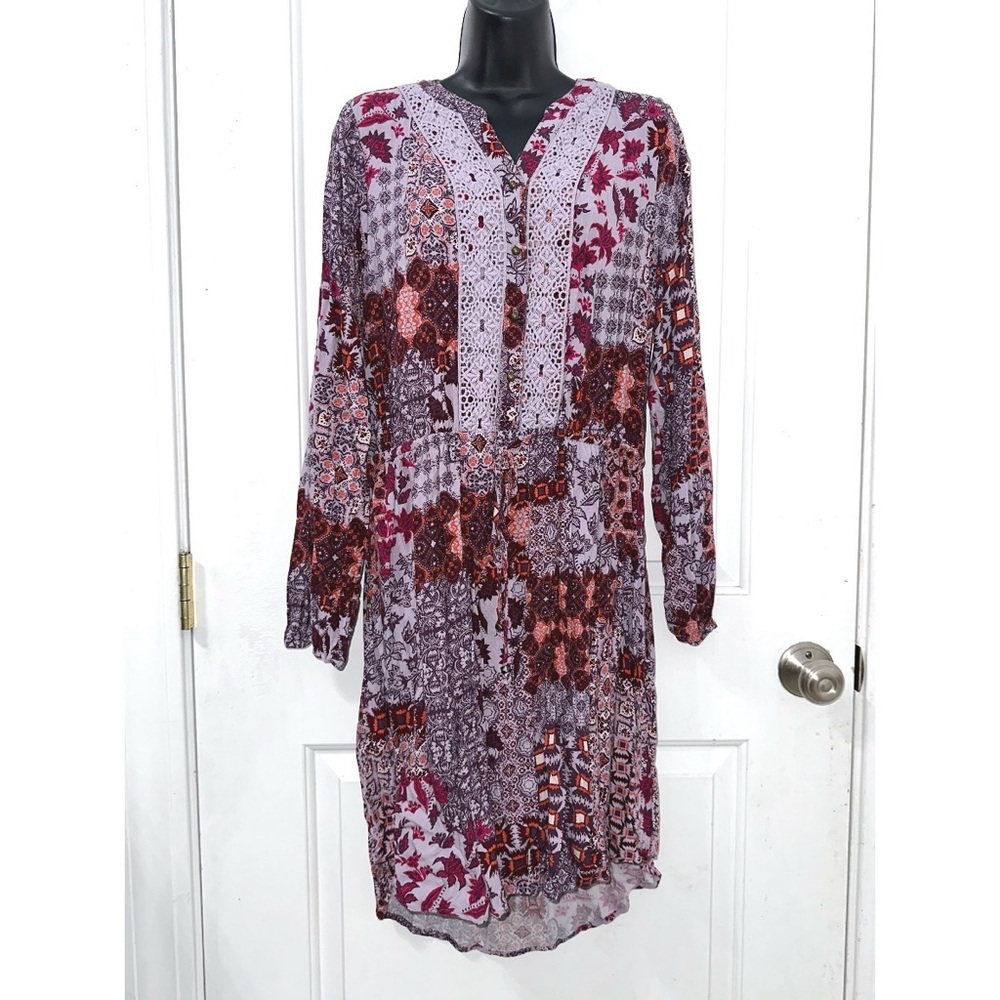 Knox Rose dress featuring a geometric, patterned design in purple shades